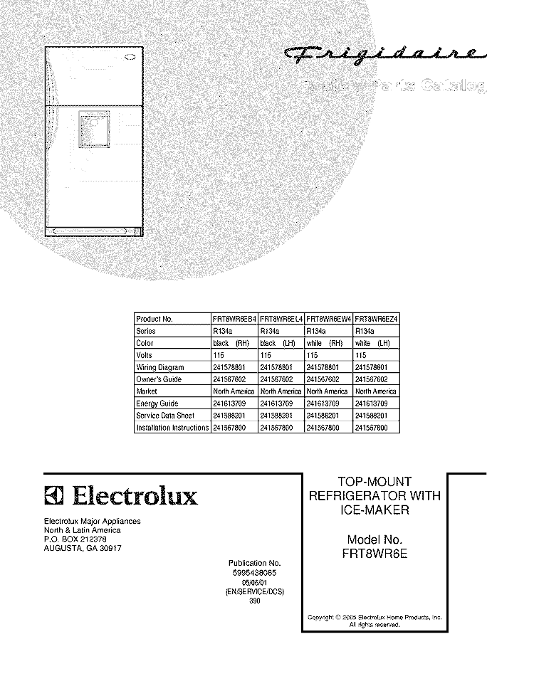 COVER Diagram and Parts List for FRT8WR6EL4  Frigidaire Refrigerator