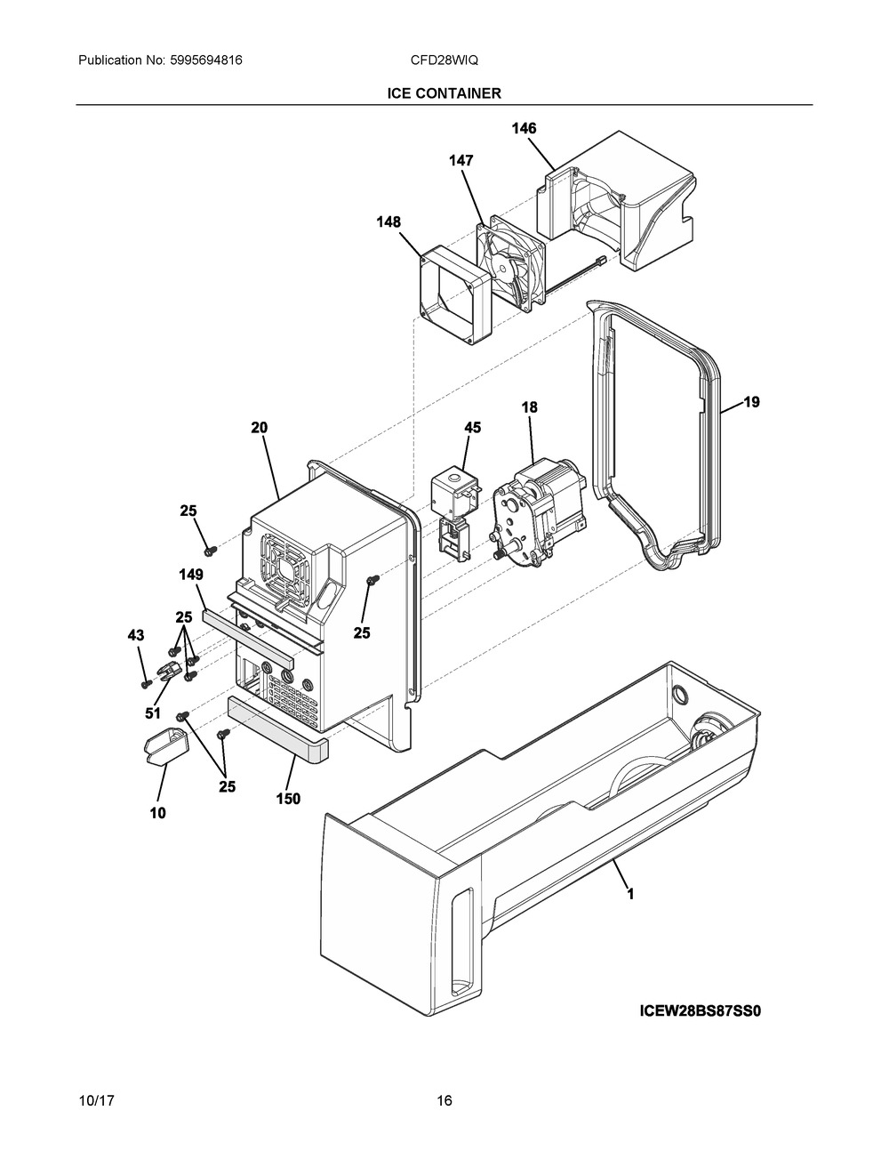 Ice Container Diagram and Parts List for CFD28WIQSE  Frigidaire Refrigerator