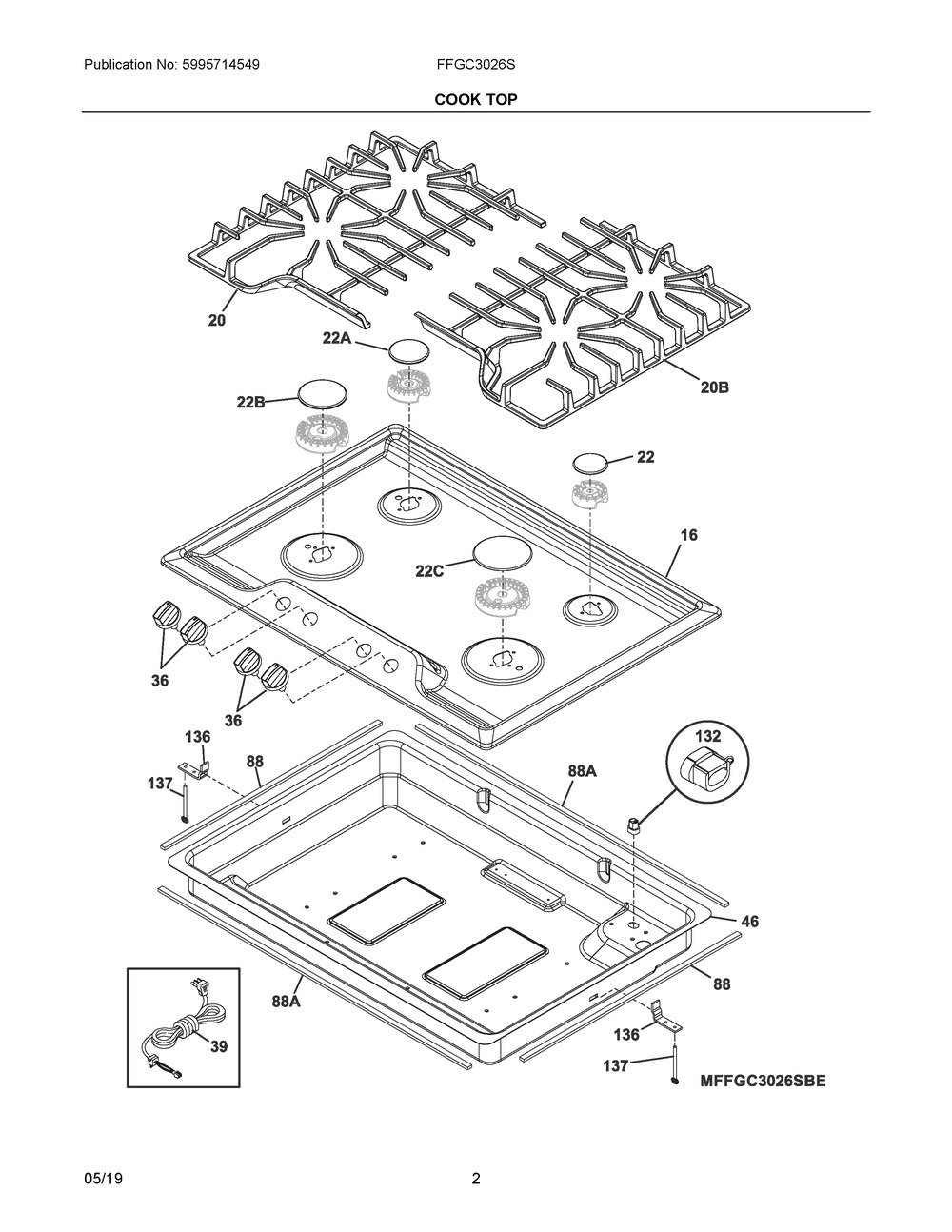 Cook Top Diagram and Parts List for FFGC3026SBE  Frigidaire Cooktop
