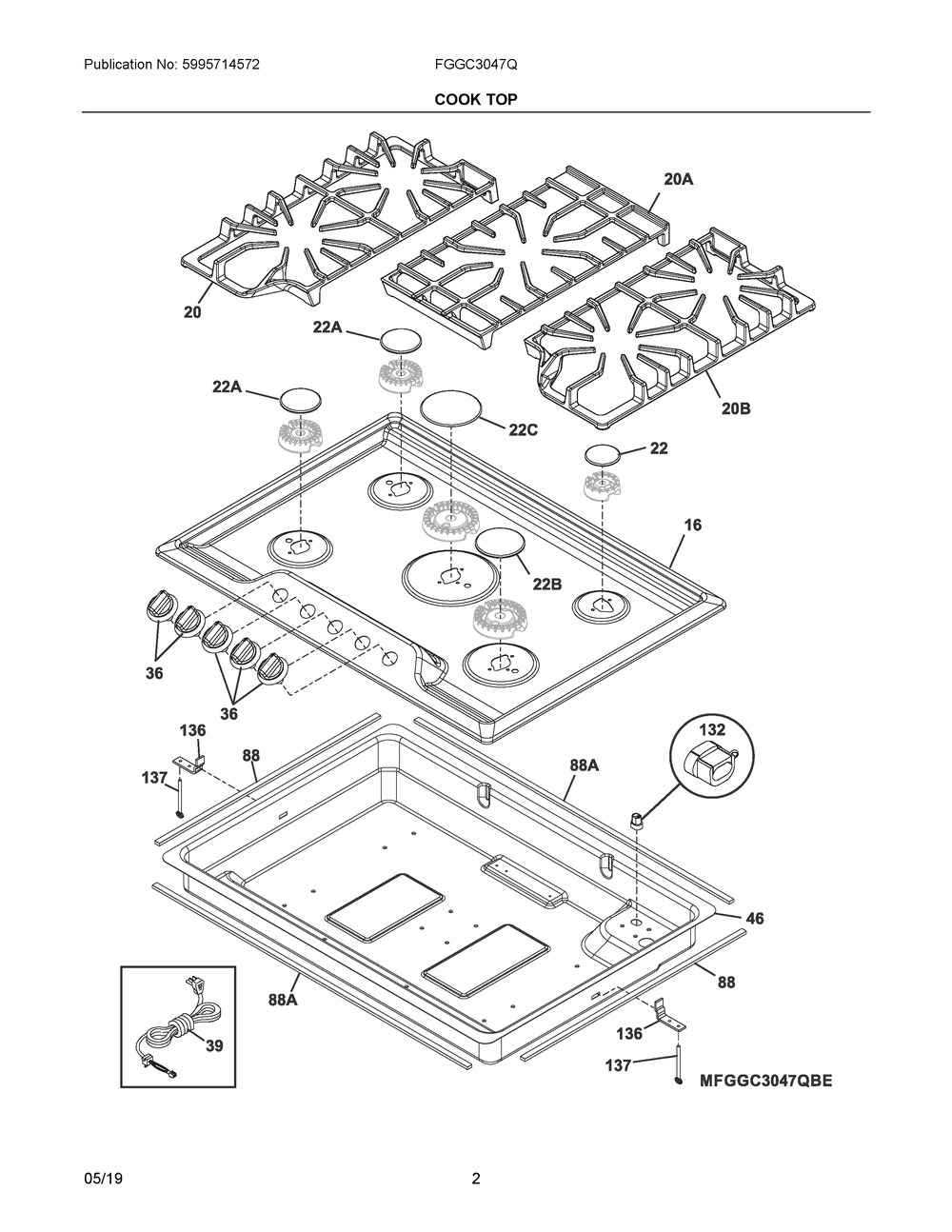 Cook Top Diagram and Parts List for FGGC3047QWE  Frigidaire Cooktop