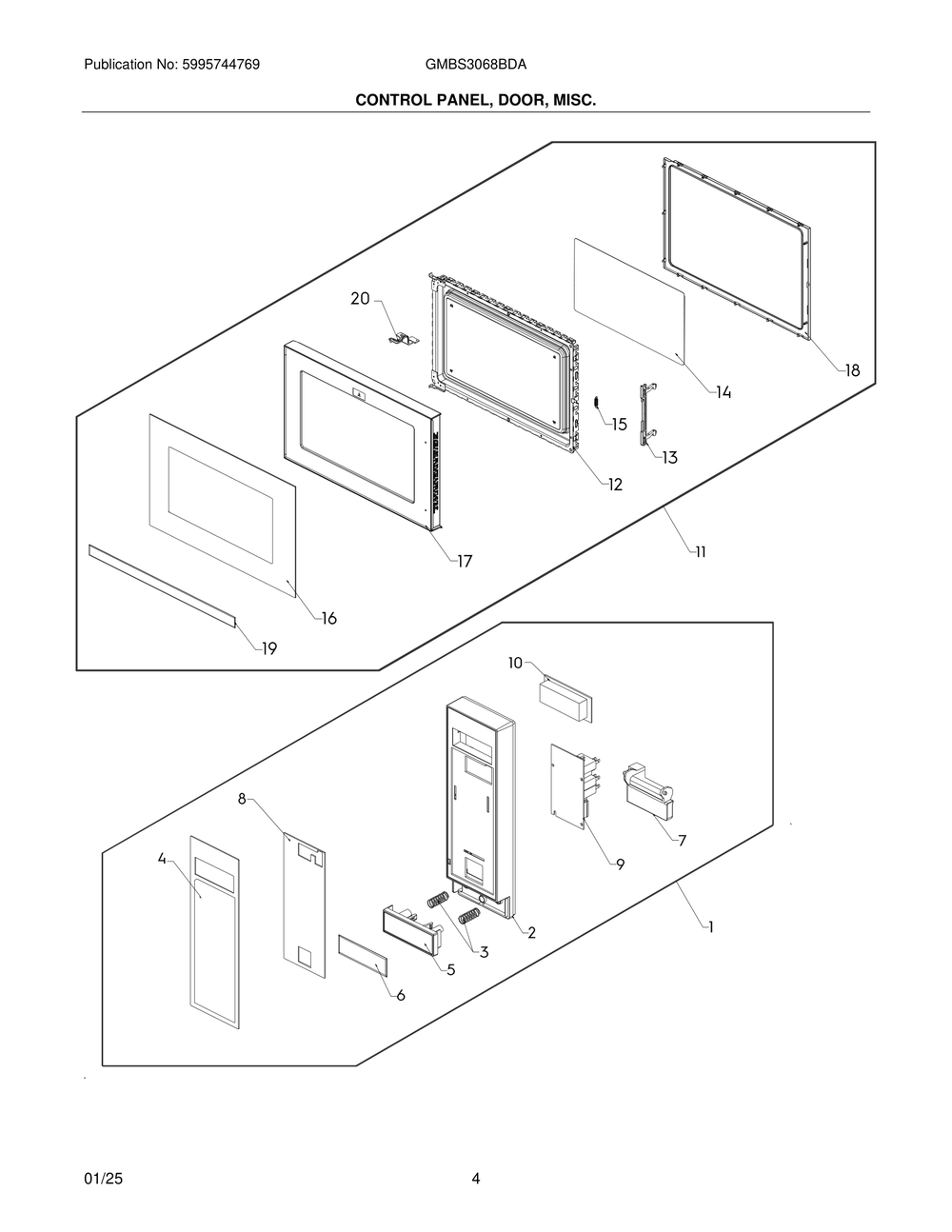 Control Panel, Door, Misc. Diagram and Parts List for GMBS3068BDA  Frigidaire Microwave
