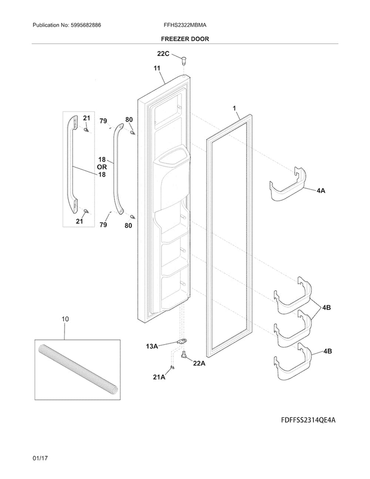 Freezer Door Diagram and Parts List for FFHS2322MBMA  Frigidaire Refrigerator