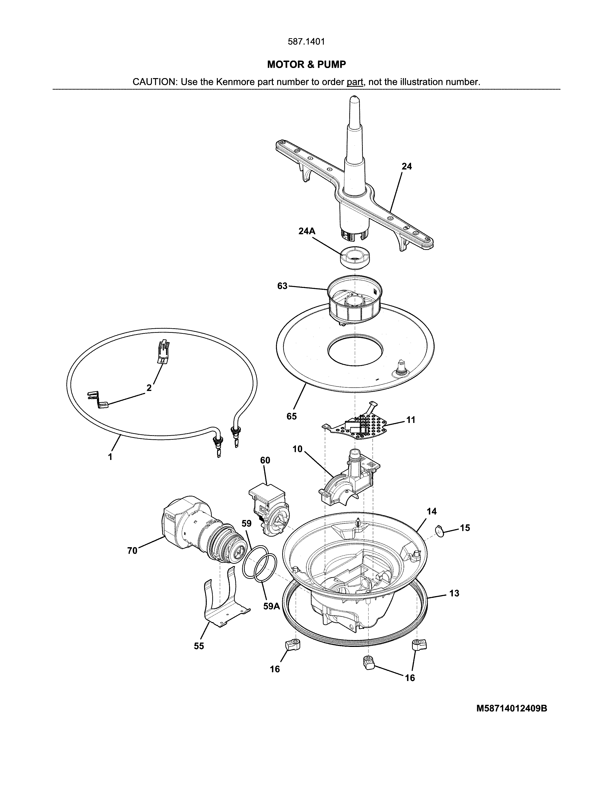 Motor & Pump Diagram and Parts List for 58714013415B  Kenmore Dishwasher