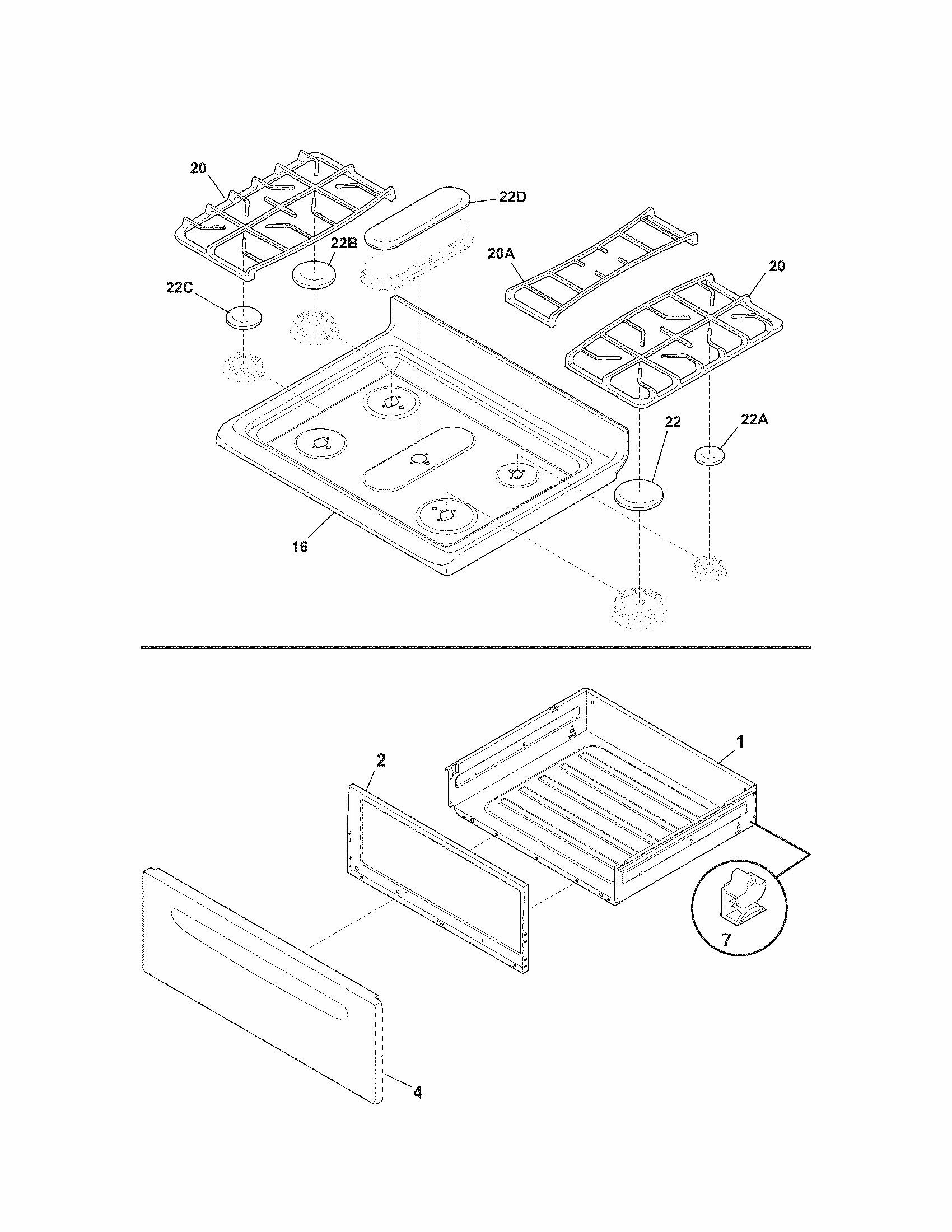 Top/drawer Diagram and Parts List for 79072719210  Kenmore Range