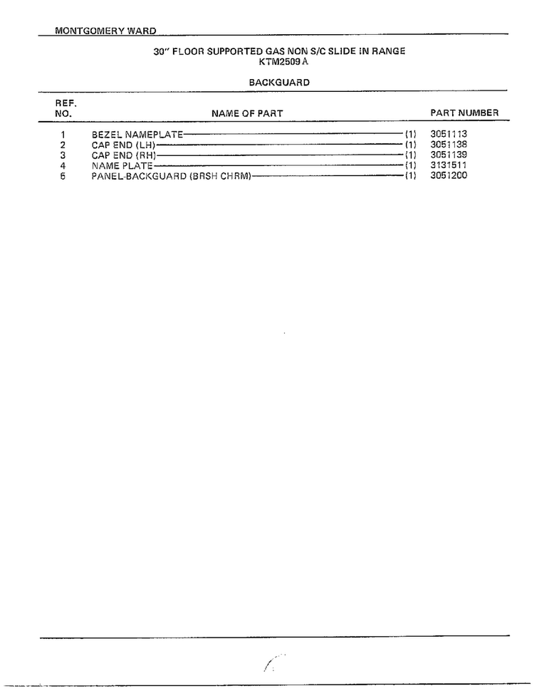 30" Gas Range Backguard Page 2 Diagram and Parts List for 2509A  Frigidaire Range