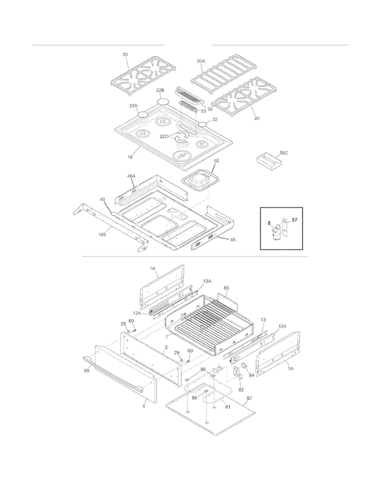 Top/drawer Diagram and Parts List for FPGS3085KFH  Frigidaire Range