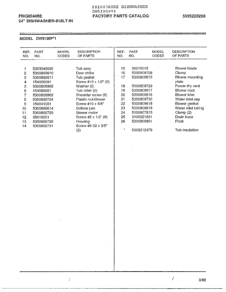 Misc./literature/optional Parts  Page 6 Diagram and Parts List for DW5100P*1  Frigidaire Dishwasher