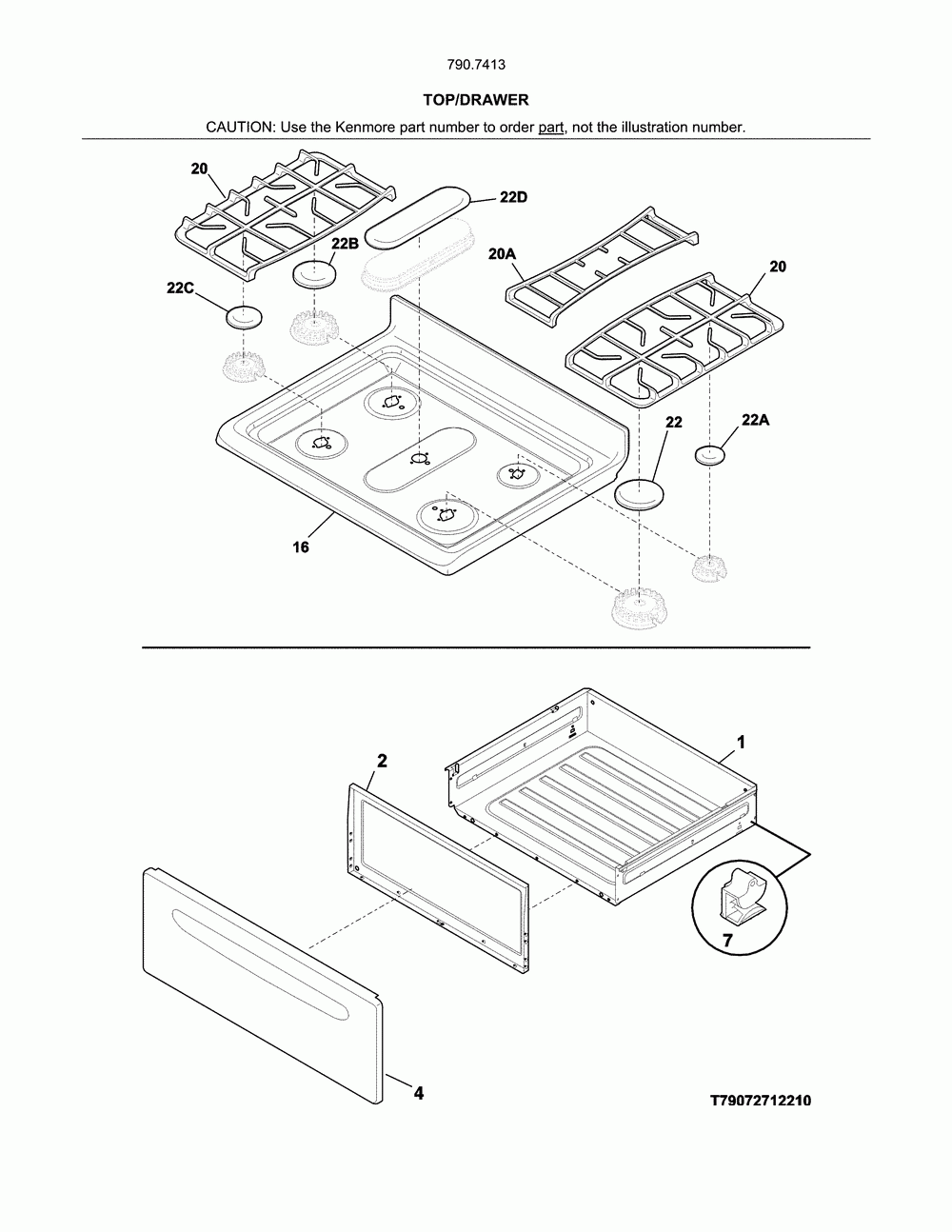 Top/drawer Diagram and Parts List for 79074134314  Kenmore Range