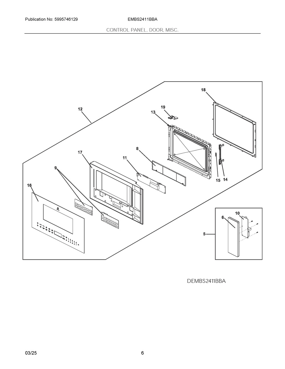 Control Panel, Door, Misc. Diagram and Parts List for EMBS2411BBA  Frigidaire Microwave