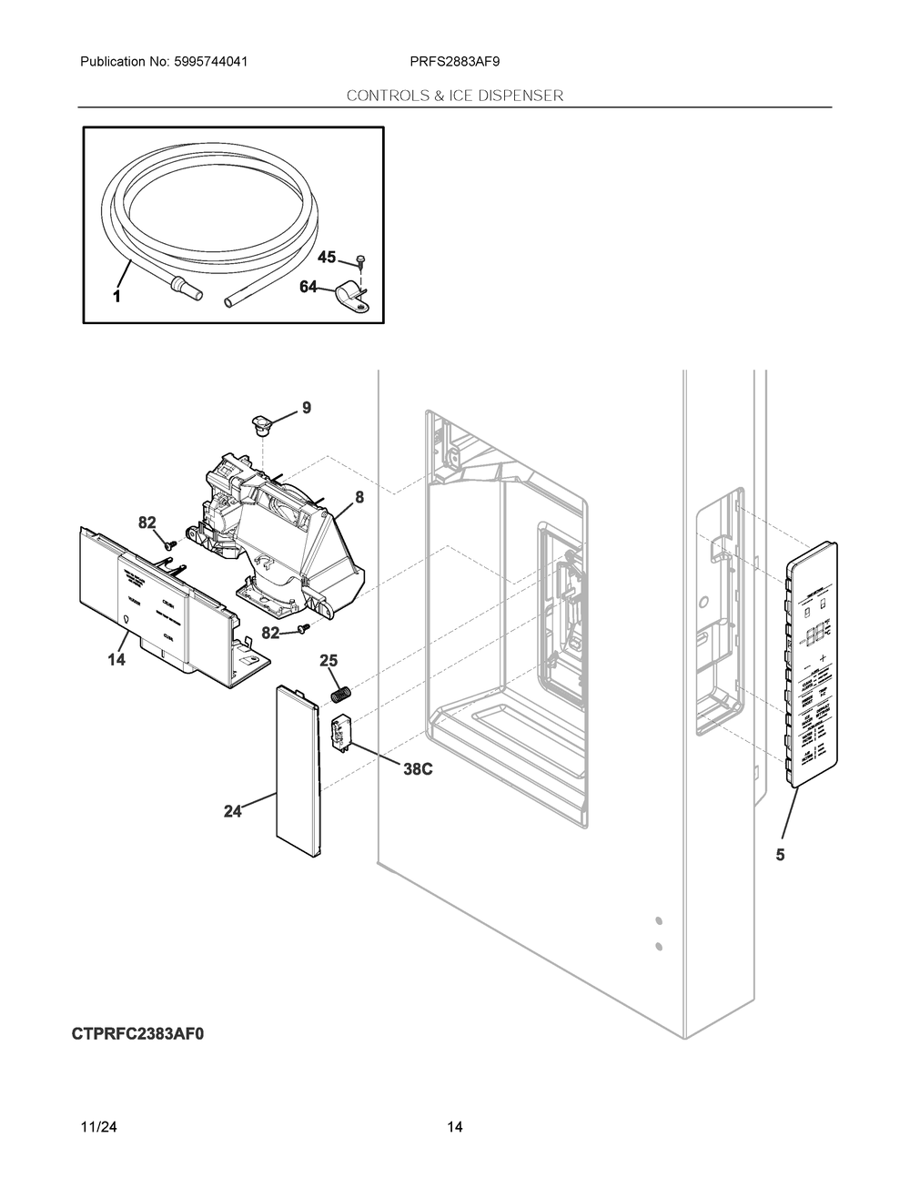 Controls And Ice Dispenser Diagram and Parts List for PRFS2883AF9  Frigidaire Refrigerator