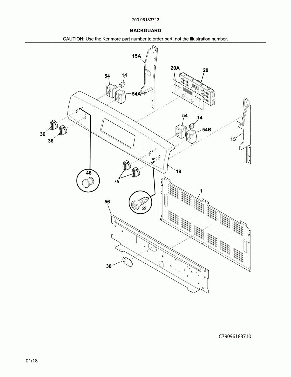 Backguard Diagram and Parts List for 79096183713  Kenmore Range