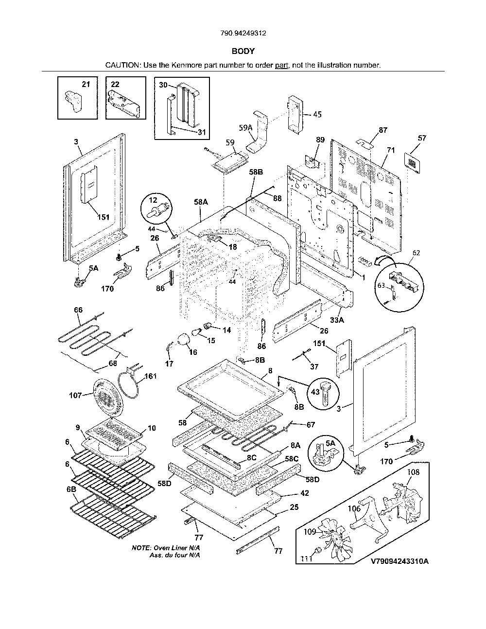 Body Diagram and Parts List for 79094249312  Kenmore Range