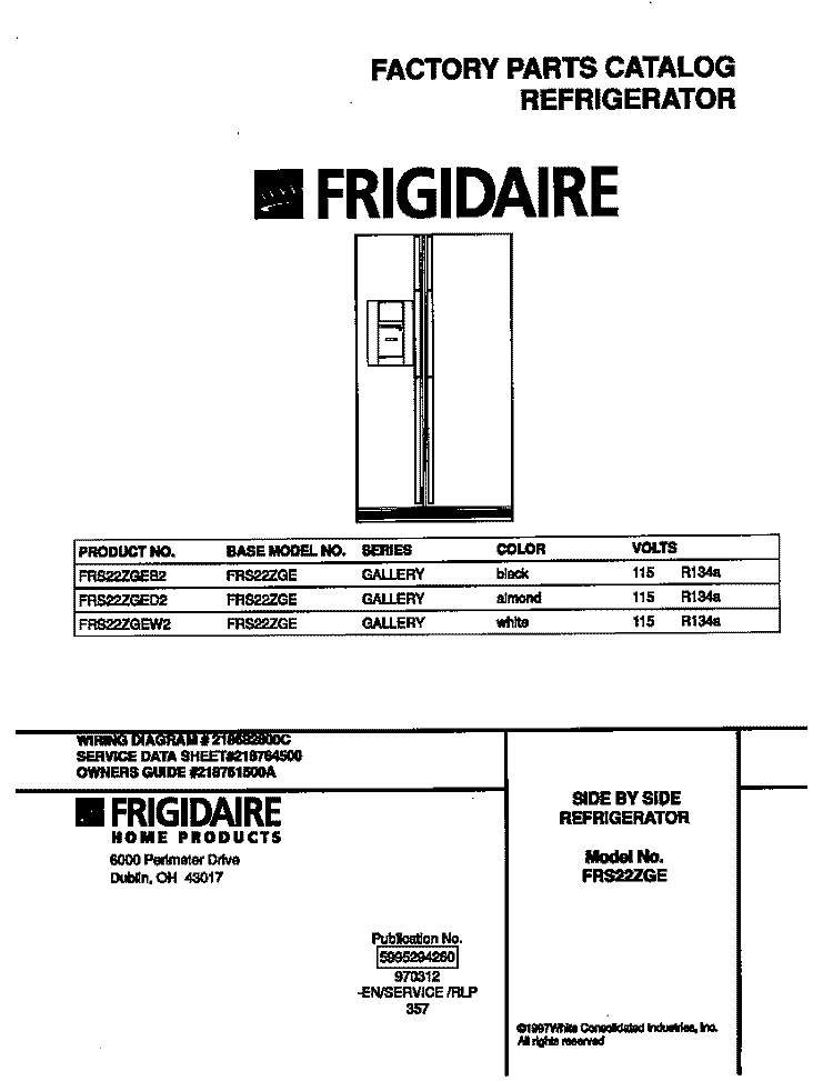 COVER Diagram and Parts List for FRS22AGED2  Frigidaire Refrigerator