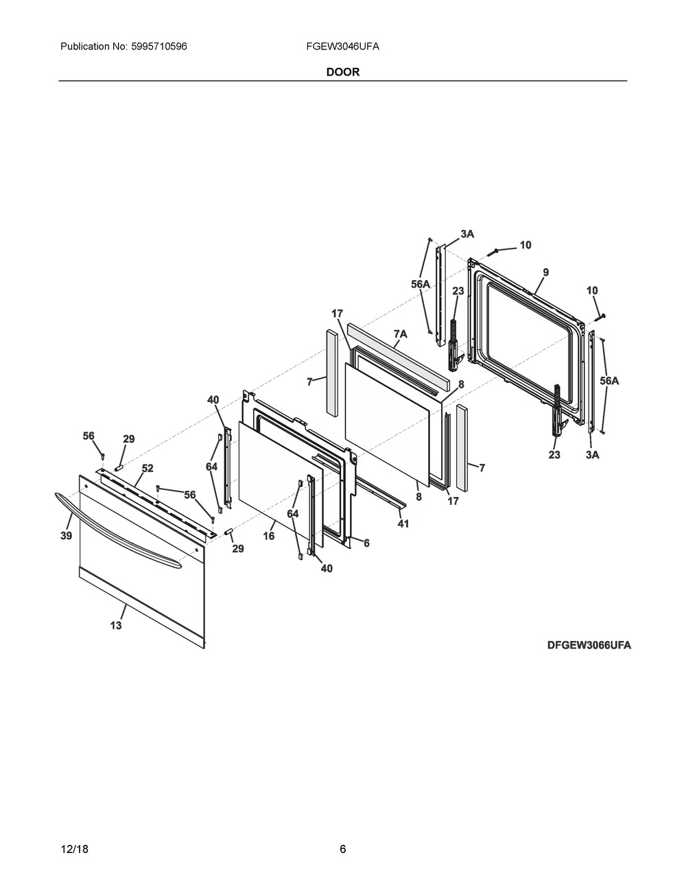 Door Diagram and Parts List for FGEW3046UFA  Frigidaire Wall Oven