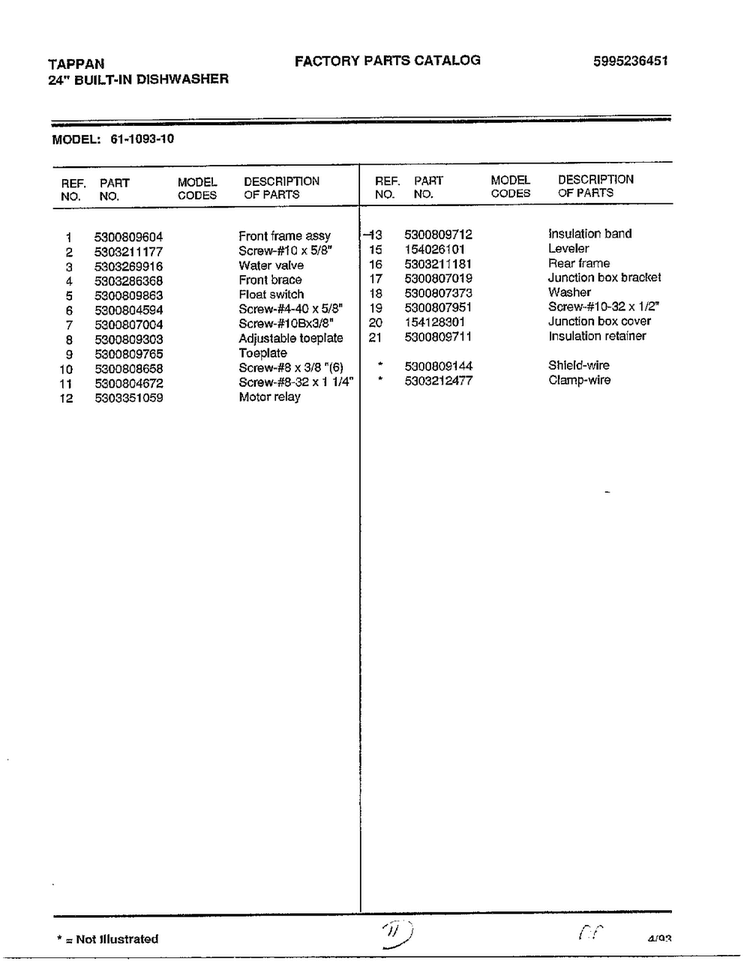 Parts List Diagram and Parts List for 61-1093-10  Frigidaire Dishwasher