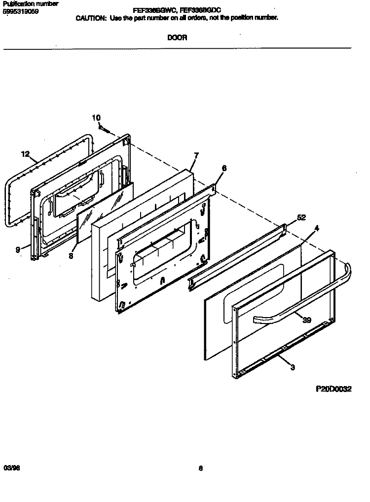 DOOR Diagram and Parts List for FEF336BGDC  Frigidaire Range