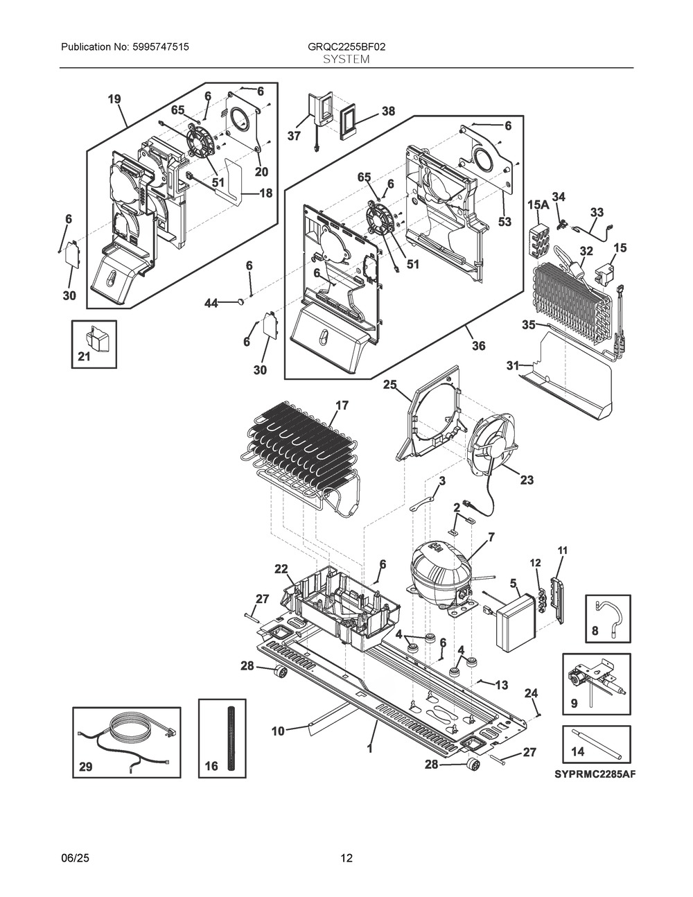 System Diagram and Parts List for GRQC2255BF02  Frigidaire Refrigerator