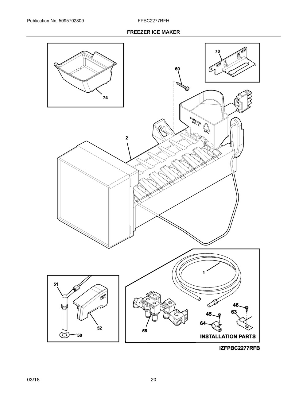 Freezer Ice Maker Diagram and Parts List for FPBC2277RFH  Frigidaire Refrigerator