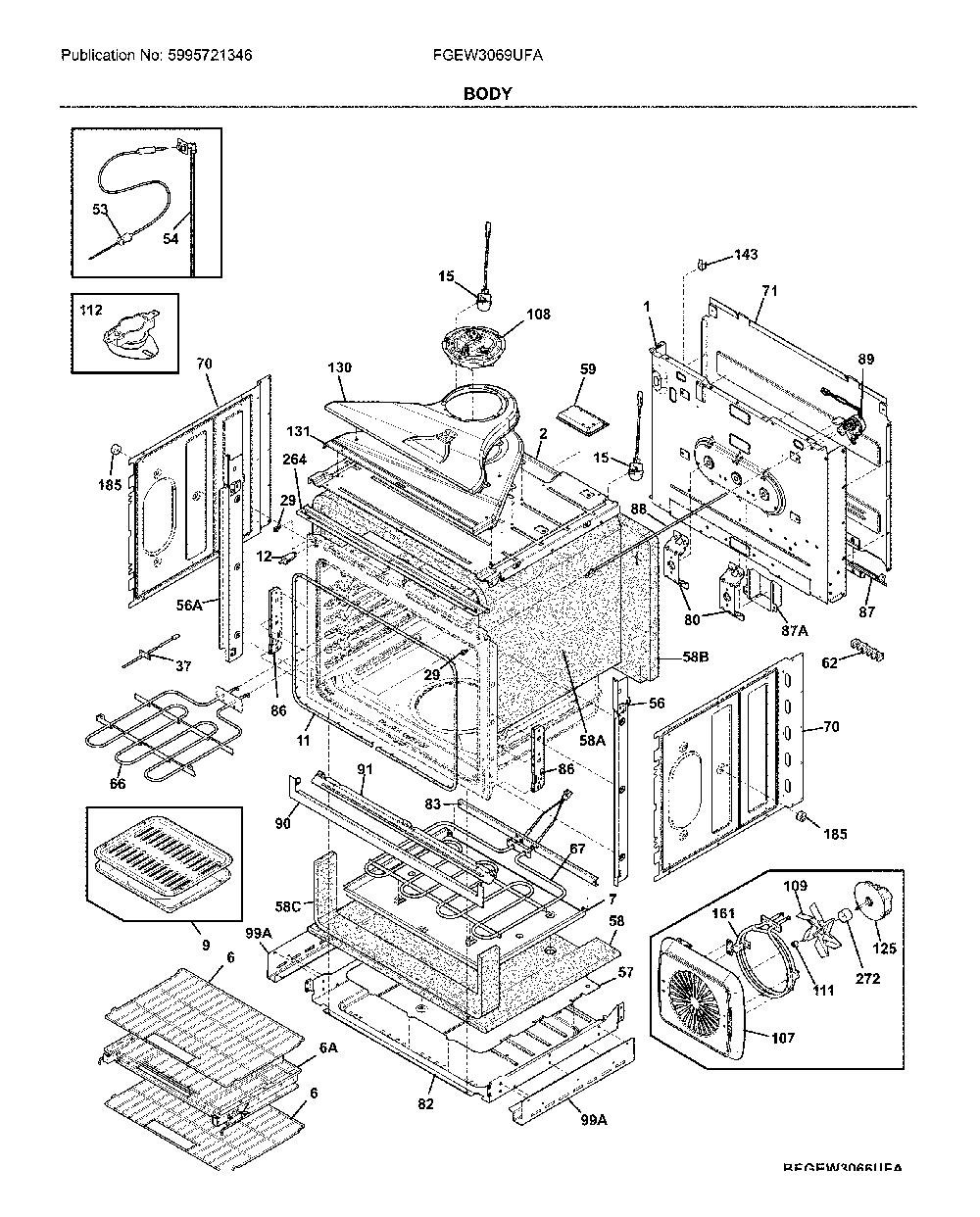 Body Diagram and Parts List for FGEW3069UFA  Frigidaire Wall Oven