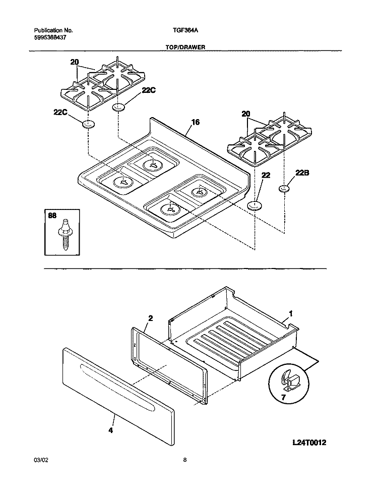 TOP / DRAWER Diagram and Parts List for TGF364ASC  Tappan Range