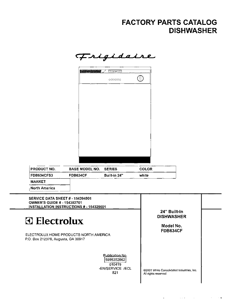 COVER Diagram and Parts List for FDB634CFS3  Frigidaire Dishwasher