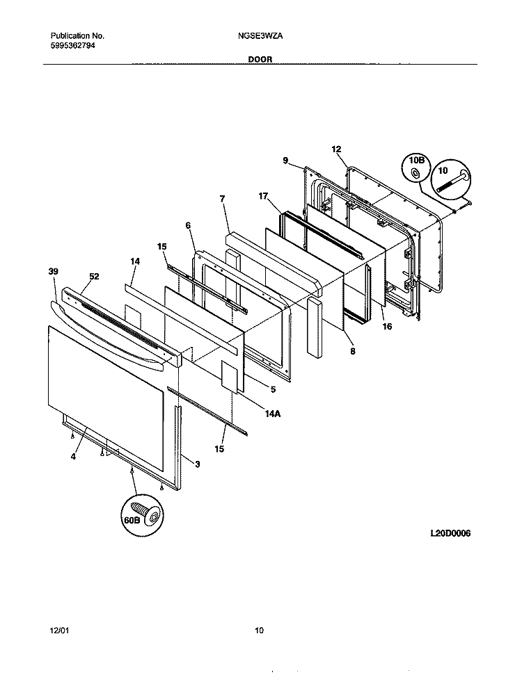 DOOR Diagram and Parts List for NGSE3WZAQC  Frigidaire Range