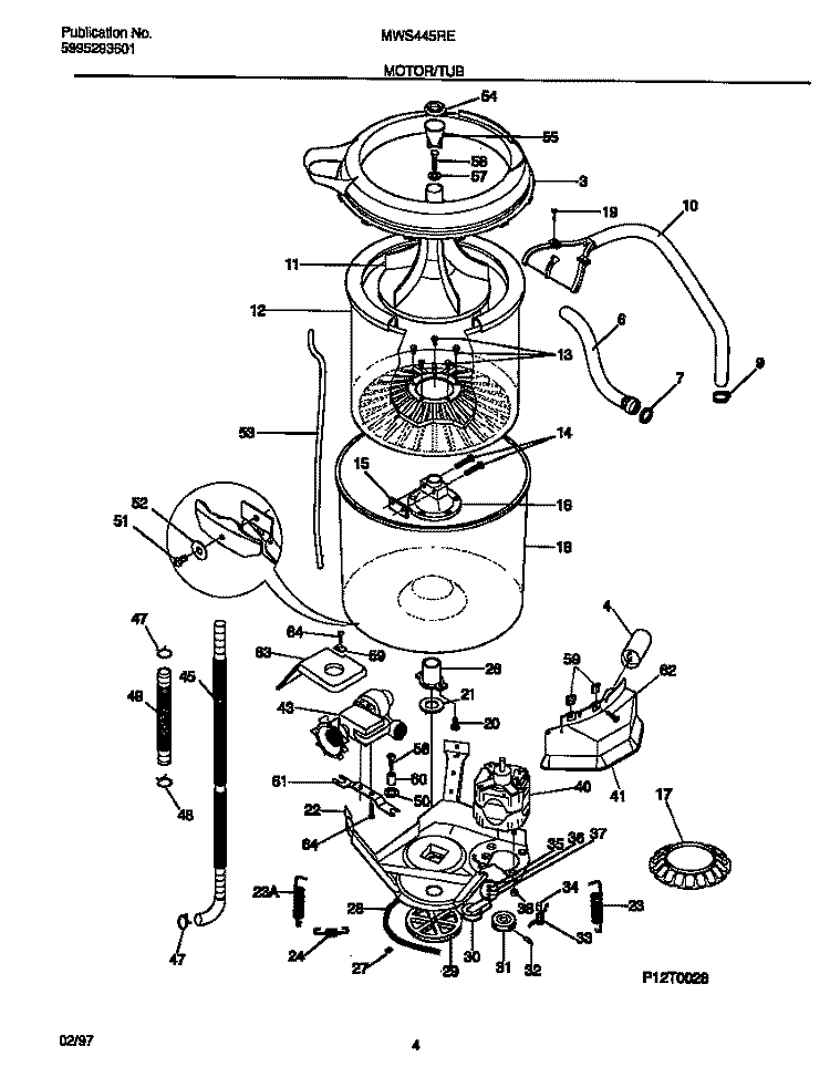 MOTOR / TUB Diagram and Parts List for MWS445RES1  Frigidaire Washer