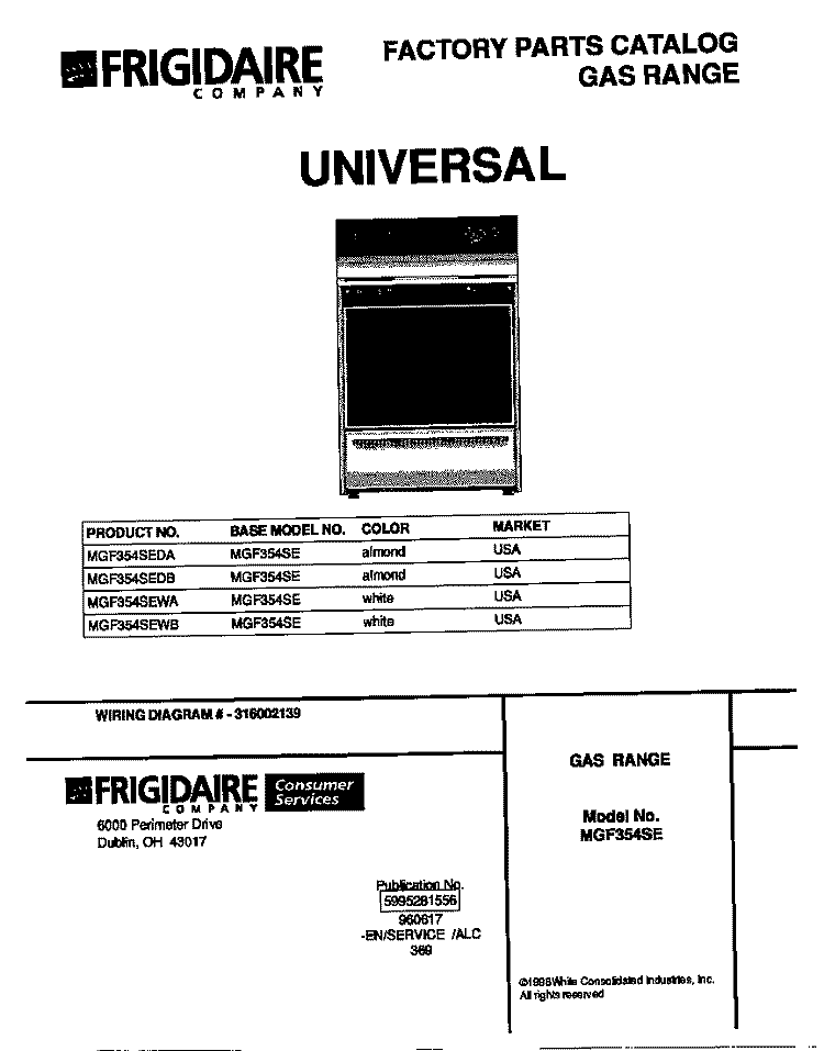 COVER Diagram and Parts List for MGF354SEDB  Frigidaire Range