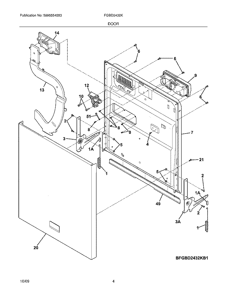 DOOR Diagram and Parts List for FGBD2432KF1  Frigidaire Dishwasher