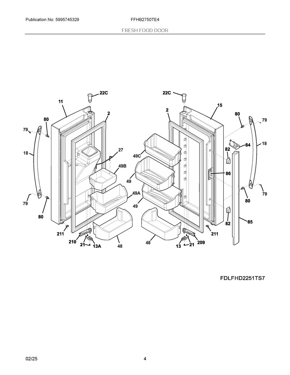 Fresh Food Door Diagram and Parts List for FFHB2750TE4  Frigidaire Refrigerator
