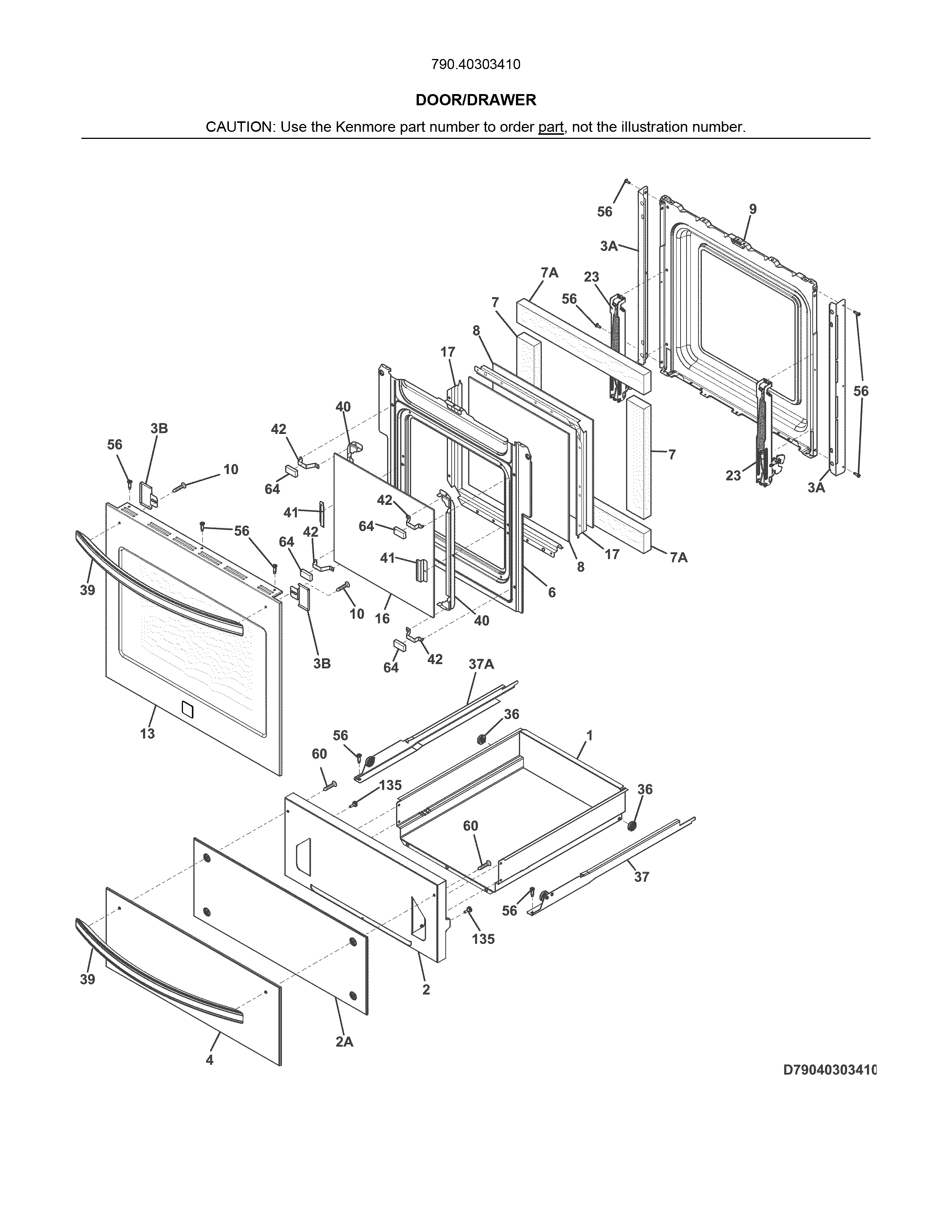 Door/drawer Diagram and Parts List for 79040303410  Kenmore Wall Oven