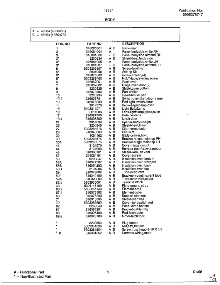 Body Page 2 Diagram and Parts List for 486647E  Frigidaire Range