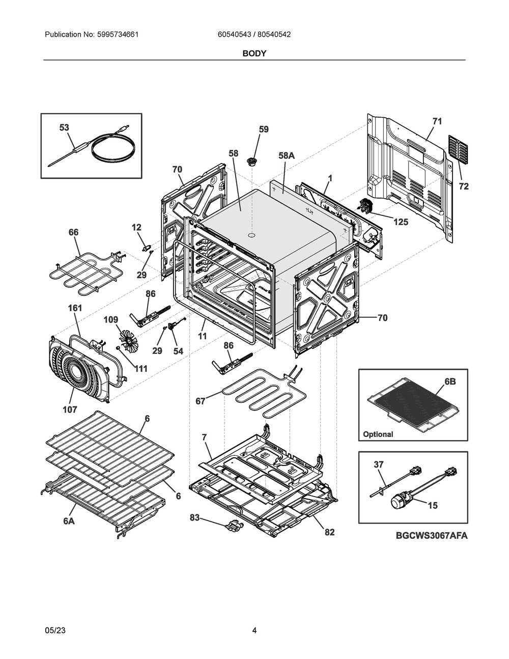 Body Diagram and Parts List for 60540543A  Frigidaire Wall Oven
