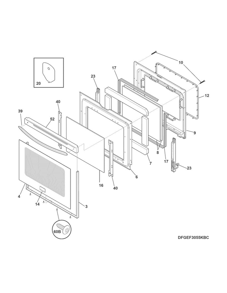 Door Diagram and Parts List for FGEF3058RWA  Frigidaire Range