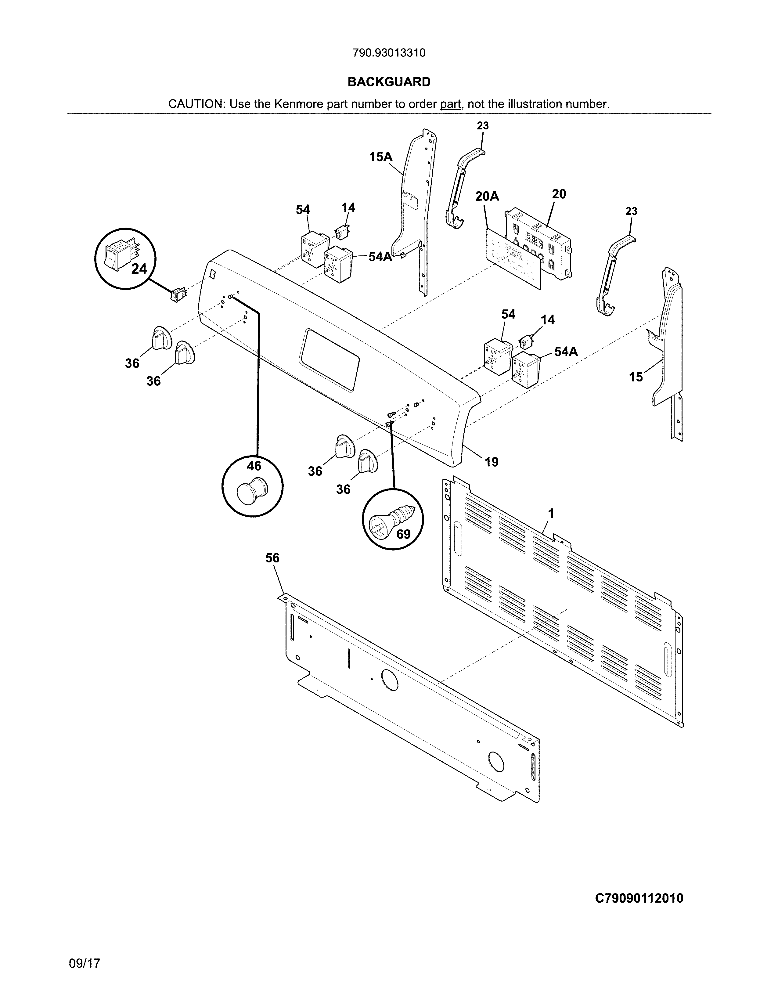 Backguard Diagram and Parts List for 79093013310  Kenmore Range