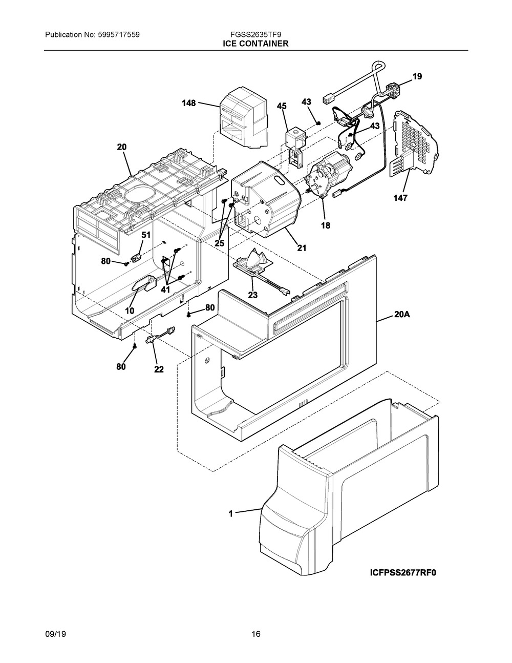 Ice Container Diagram and Parts List for FGSS2635TF9  Frigidaire Refrigerator