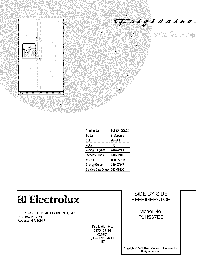 COVER Diagram and Parts List for PLHS67EESB0  Frigidaire Refrigerator