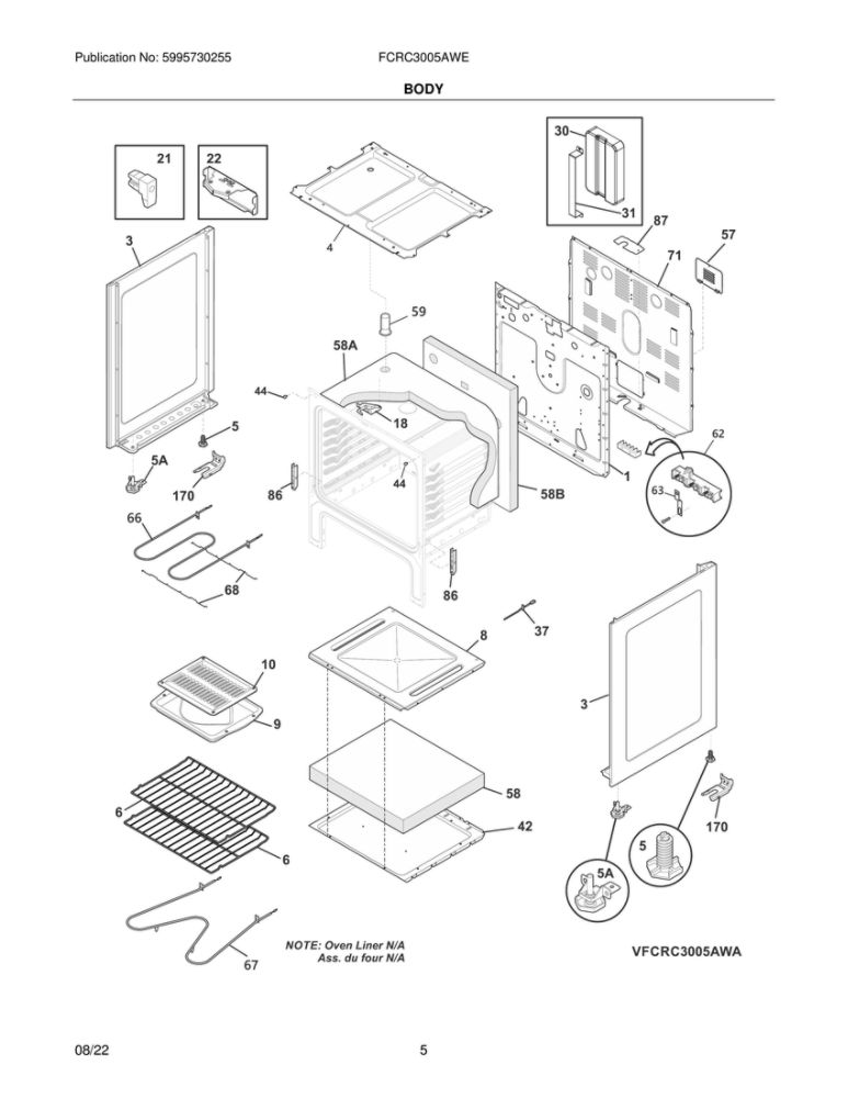 Body Diagram and Parts List for FCRC3005AWE  Frigidaire Range