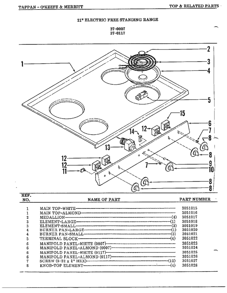 Top Diagram and Parts List for 37-0117  Frigidaire Range