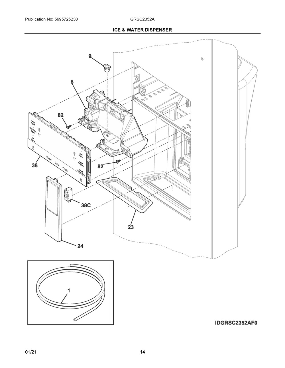 Ice And Water Dispenser Diagram and Parts List for GRSC2352AD0  Frigidaire Refrigerator