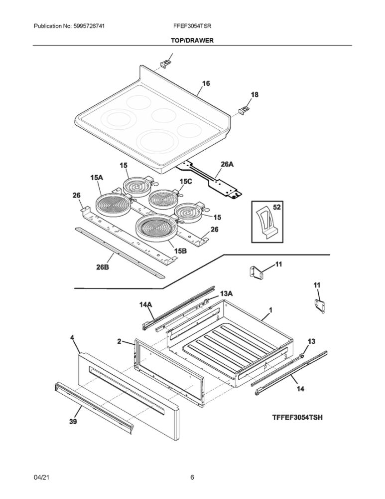 Top/Drawer Diagram and Parts List for FFEF3054TSR  Frigidaire Range