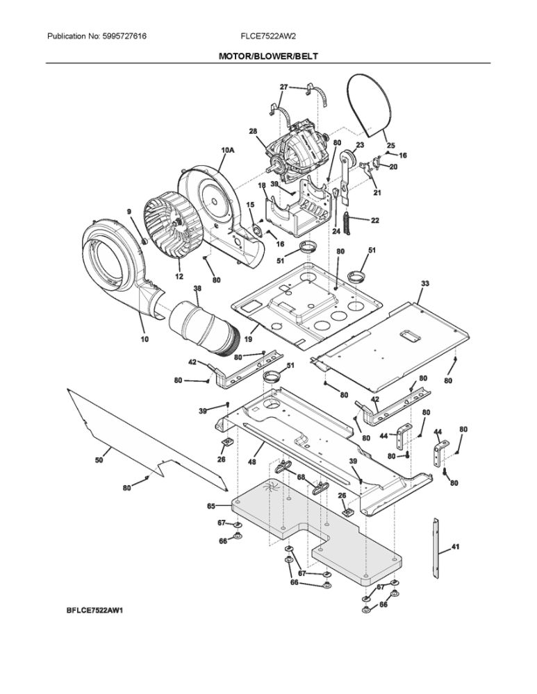 Motor/Blower/Belt Diagram and Parts List for FLCE7522AW2  Frigidaire Washer Dryer Combo