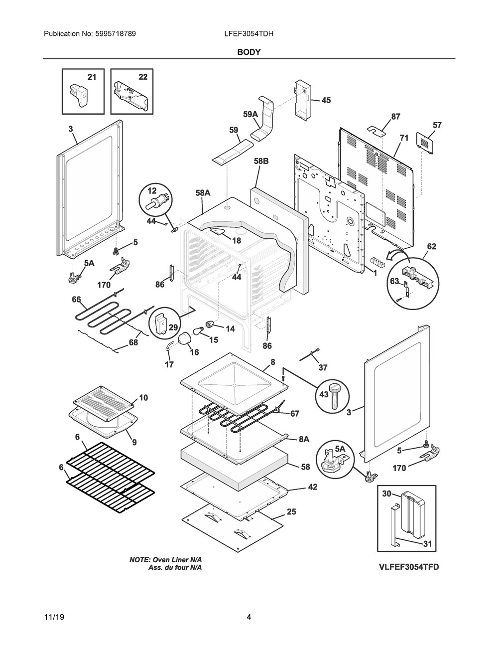 Body Diagram and Parts List for LFEF3054TDH  Frigidaire Range