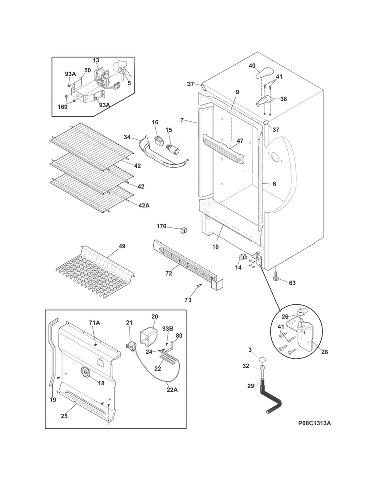 Cabinet Diagram and Parts List for TFFU20F2QWA  Frigidaire Freezer