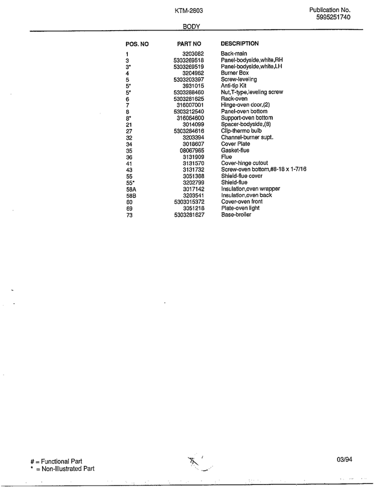 Body Page 2 Diagram and Parts List for KTM-2803  Frigidaire Range