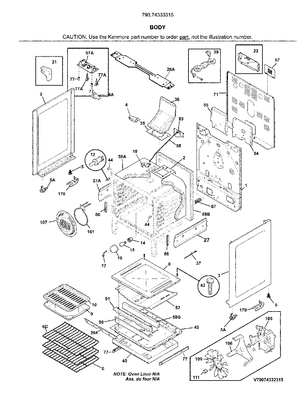 Body Diagram and Parts List for 79074333315  Kenmore Range