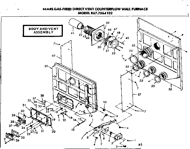 Body and vent Diagram and Parts List for 8677364102  Frigidaire Furnace