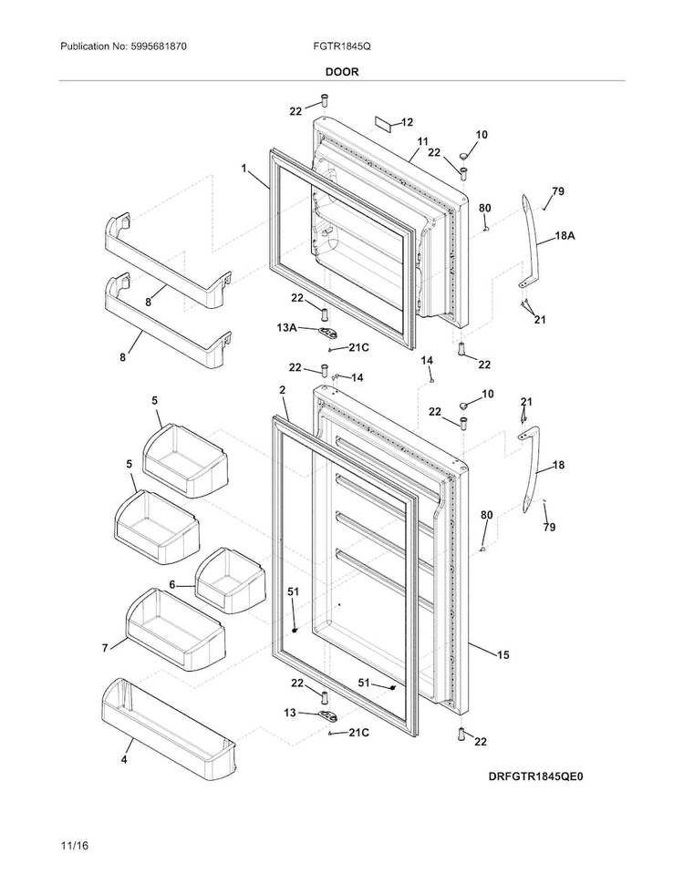 Door Diagram and Parts List for FGTR1845QE3  Frigidaire Refrigerator