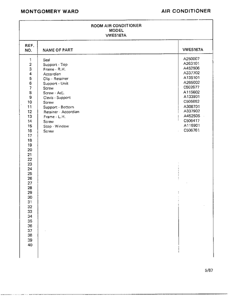 Air Conditioner Page 10 Diagram and Parts List for 5167A  Frigidaire Air Conditioner