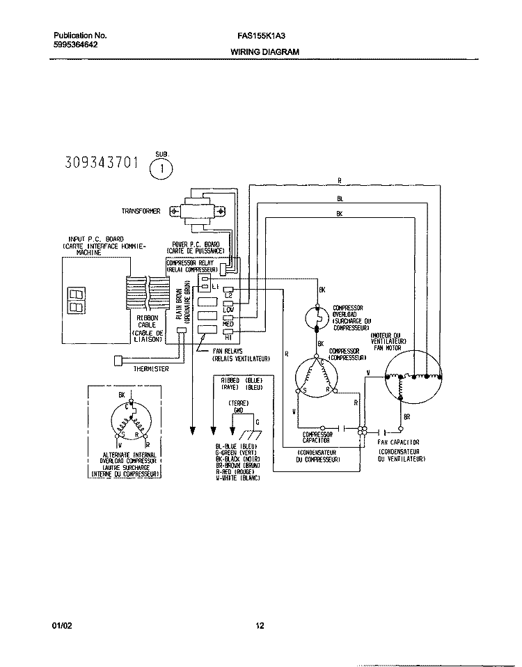 WIRING DIAGRAM Diagram and Parts List for FAS155K1A3  Frigidaire Air Conditioner